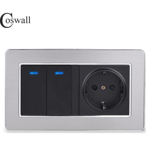 Coswall EU Standard Wall Power Socket + 2 Gang 1 Way On / Off Light Switch With LED Indicator Stainless Steel Frame 146mm*86mm