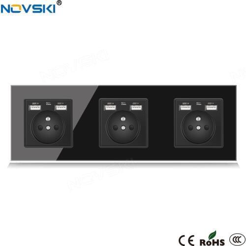 NOVSKI EU French Wall Crystal Glass Black Panel Power Socket 3 Frame 86*258 mm, Built-in LED for USB Charger