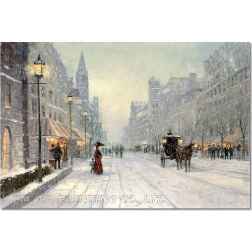 Expert Painter Hand-painted High Quality Abstract Street Oil Painting on Canvas Winter Snowing Oil Painting for Living Room