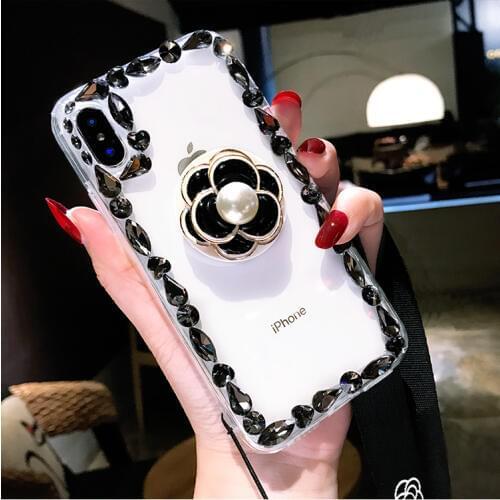 Luxury Capa Bling Flower Airbag Bracket Rhinestone Crystal Clear Soft Case Cover For Xiaomi Redmi5 6 4X 4A 5A 6A Note4 5 6 7 Pro