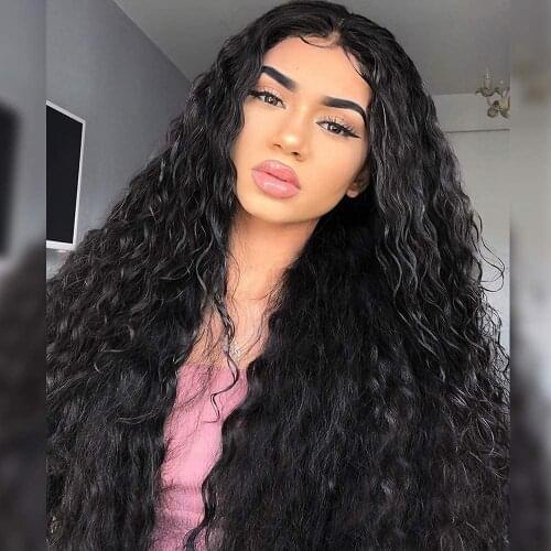 Heat Resistant Fiber Hair Black Curly Lace Front Wig Synthetic Lace Handmade Wigs with Baby Hair Middle Part