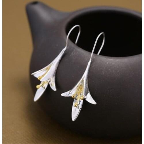 Vintage 925 Sterling Silver Orchid Flower Elegant Fashion Charm Long Ear Drop Hook Women Lady Mujer Wedding Jewelry Gifts SE011