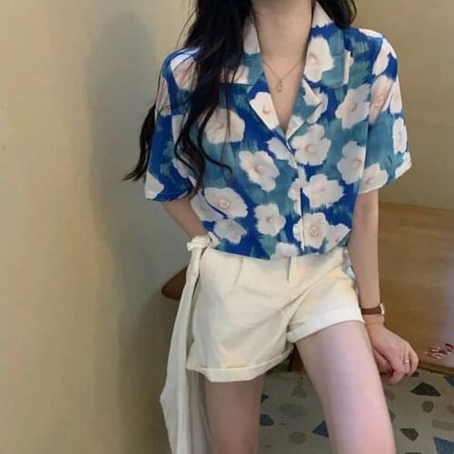 Zadily 2021 Summer Wonen Casual Shirts Blue Floral Single Breasted Blouse Pocket Turn-down Collar Stratight Shirts