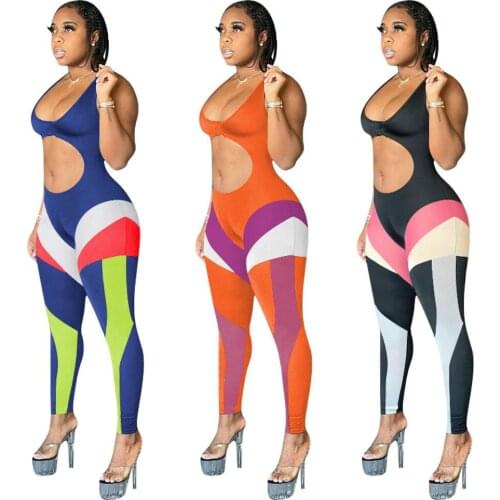UVRCOS Womens Clothing 2021 Birthday Outfits New Skinny Jumpsuit Summer Body Chest Cut Out Multi Color Patchwork One Piece Sets