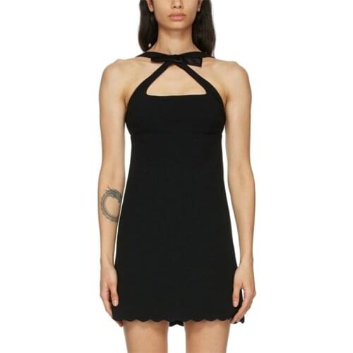 Big-name summer NEW sexy strappy bow-knot slim suspender dress womens high-quality fashion halter cross banquet black dress miu