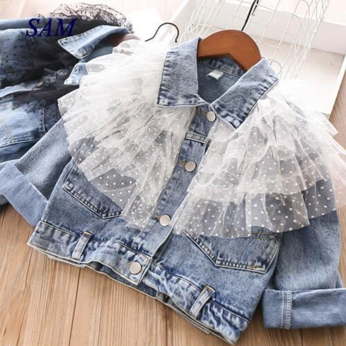 2020 Fashion Spring and Autumn Denim Jacket Girls Lace Coats Baby Children Long SLeeve Tops Princess Clothes Outerwear
