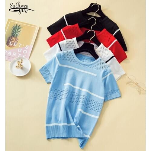 2021 Korean Fashion Woman Clothes Striped Shirt Hollow Out Shirt Women Knitted Cotton Tee Shirt Femme Camisetas Mujer 9836