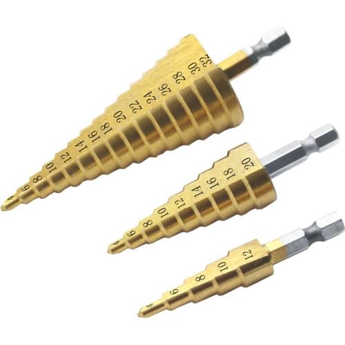 3pc 4 - 12 / 20 / 32mm 1 / 4 "titanium coated metal Taper metric hex core drill bits Hss step drill bit set cone hole cutter