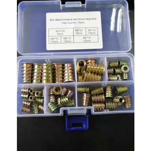 50pcs M4 M5 M6 M8 M10 Zinc Alloy Thread For Wood Insert Nut Assortment Tool Kit Flanged Hex Drive Head Furniture Nuts