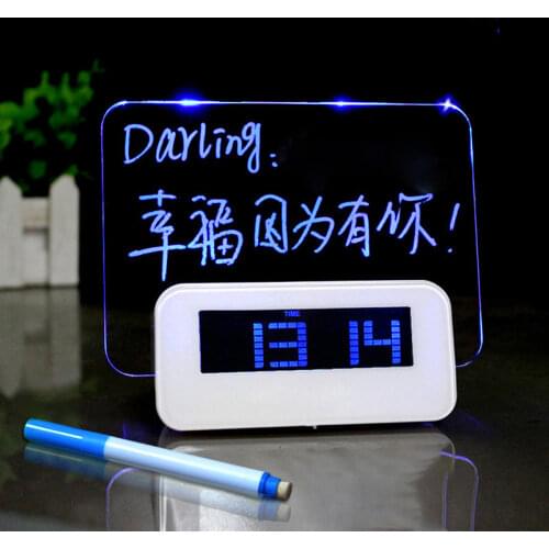 Fashion Romantic Blue LED Luminous Fluorescent Memo Message Board Alarm Clock Home Acrylic White intelligent calendar Creative