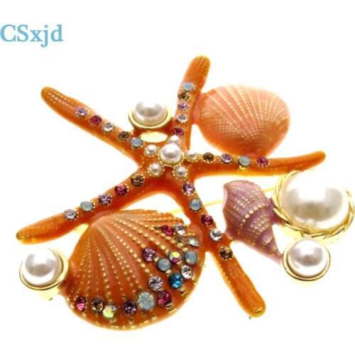 CSxjd New Retro Faux Pearl Shell Decoration Starfish Pin Color Rhinestone Crystal Brooch