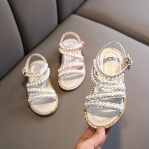 New Summer Girls Roman Style Sandals Kids Beach Sandals Princess Pearl Beading Dress Shoes Children Rhinestone Summer Shoes D238