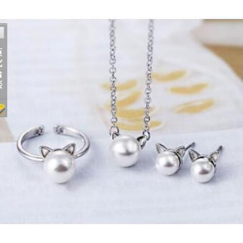 Fine Jewelry 925 Sterling Pearl pearly cats are lovely and simple Sweet Ear nail chain Pendant ring Earringsnoble ladys
