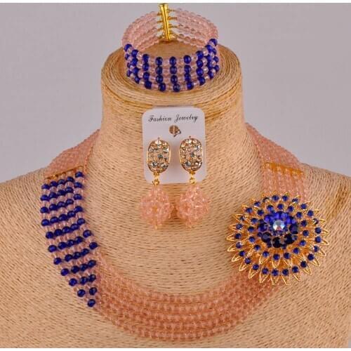 Beautiful royal blue and peach african jewelry set crystal bead nigerian wedding set 5JZ-03