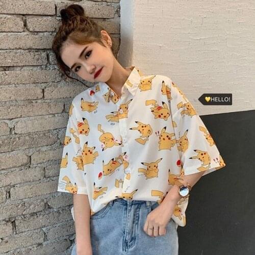 2021 Summer New Pikachu Short-sleeved Chiffon Shirt Female Casual Large Size Shirts Cartoon Anime Pokemon Female Clothing Tops