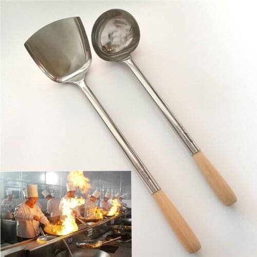 Big long spatula shovel chef cooking cocina utensilios blade Kitchen Utensil Wooden Handle Stainless Steel Turner Soup Spoon wok