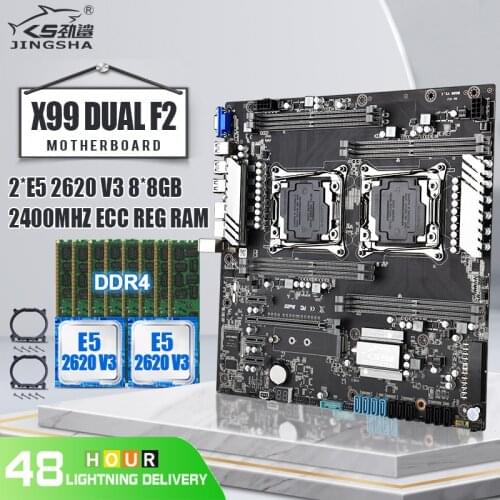 JINGSHA X99 Dual F2 CPU Socket LGA 2011-3 Motherboard Set with 2* E5 2620 V3 and 8*8GB DDR4 2400MHZ ECC REG RAM 10*SATA 3.0