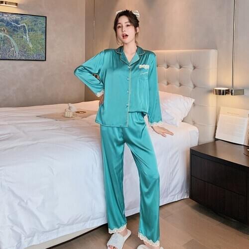 FZSLCYIYI Fashion Sleepwear Womens Rayon Satin Lace Trim Pajamas Girls Long Sleeve Tops+Pants With Pockets Casual Lounge Wear