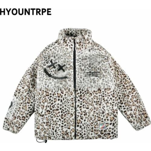 Mens Hip Hop Leopard Fleece Jackets Coats Hairy Zipper Stand Collar Oversize Outerwears 2020 Casual Warm Thick Streetwear Parkas