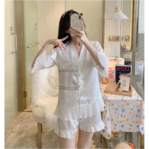 2021 Summer New South Korea Ice Silk Matte Silk Shorts Pajamas Womens 2Pcs Suit Comfortable Home Clothes Sleepwear Nightwear