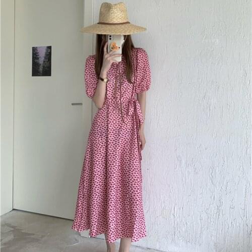 French Round Neck Short-sleeved Floral Dress Female Summer New Style Skirt Korean Style Waist Was Thinning Long Skirt Tide
