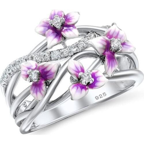 Luxury Female Enamel Purple Flower Ring Charm Silver Color Big Wedding Rings For Women Trendy White Crystal Engagement Ring