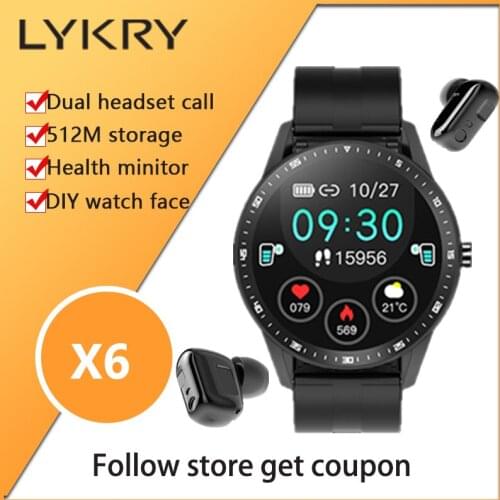 LYKRY X6 Music Smart Watch with TWS Earphones 1.28inch Screen Men Watch 512M Music Storage Heart Rate Fitness Watches Smartwatch