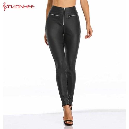 Stretch Black PU Leather Pants Women High Waist Female Elasticity Womens Tights Pencil PU Leather Pants Plus Size #12