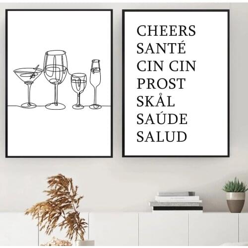 Wine Glass Print Canvas Painting Line Drawing Wall Art Poster Cheers Quotes Posters and Prints Wall Pictures Kitchen Home Decor