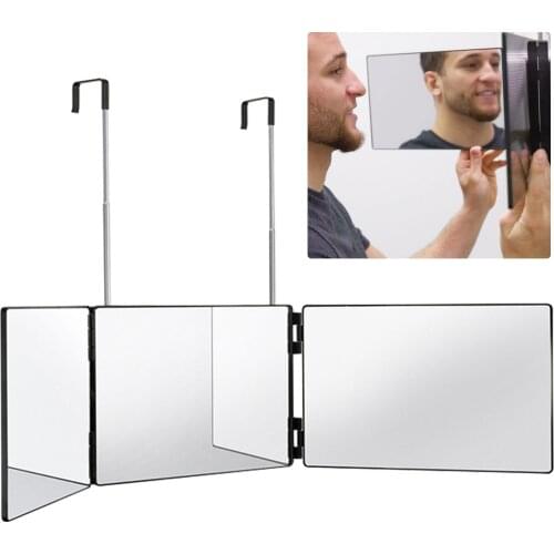 Portable Trifold Self Hair Cutting Makeup Mirror with Retractable Hanging Hook for Hair Styling Grooming Makeup Travel Home