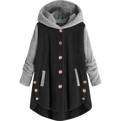 Winter Fleece Button Up Hooded Sweatshirts Women Thicken Pockets Long Sleeve Hoodie Oversized Patchwork Crew Neck Long Pullover