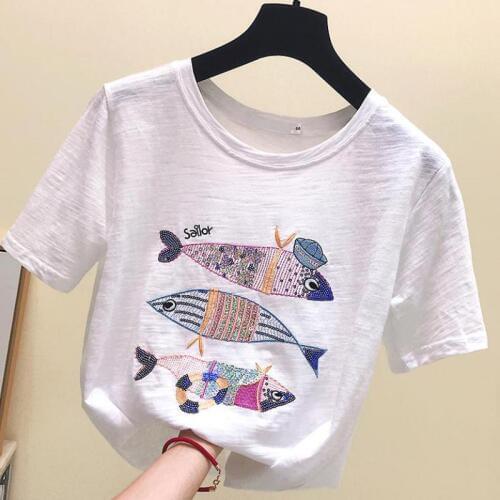 Casual Summer Tops Female High Quality Cotton Tees Short Sleeve Fashion Embroidered Salmon Sequins Harajuku Women T-shirts White