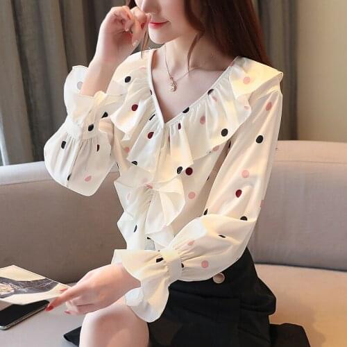 2021 Spring Autumn Korean Fairy Trumpet Sleeve Loose Wave Point Ruffles Chiffon Casual Shirts Womens Blouse And Tops Pullover