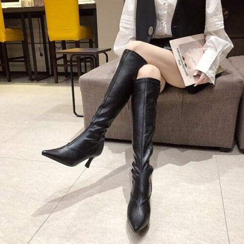 Women Knee High Boots Genuine Leather Thick Heels Tall Boots Side Up Black Ladies Shoes Woman Martin boots