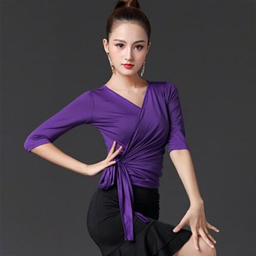 Lady Half Sleeves Latin Dancing Tops Female Deep V Strap Ballroom Dance Costume Cloth Tango Chacha Dances Practice Tops L002-3