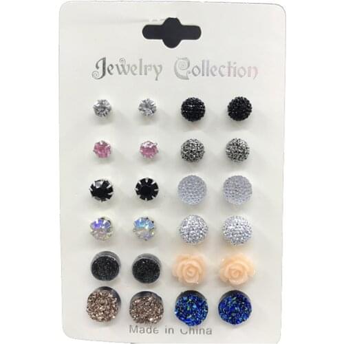 12 Pairs/Set Women Earrings Stud Set Simple Style Crystal Multicolor Rose Flowers Earrings Jewelry