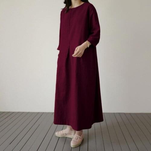 2020 woman dress Solid Color dress Long Sleeve O Neck Pockets Large Hem Loose Maxi Dress womens dress summer vestido de mujer