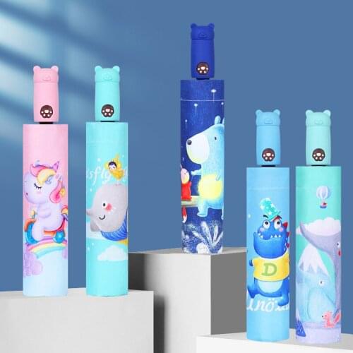 2021 Fully Automatic Cartoon Children Umbrella Creative Handle 3-Folding Black Coating Children Umbrella for Student