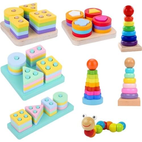 Wooden Montessori Toy Building Blocks Early Learning Educational Toys Color Shape Match Kids Puzzle Toys For Children Boys Girls