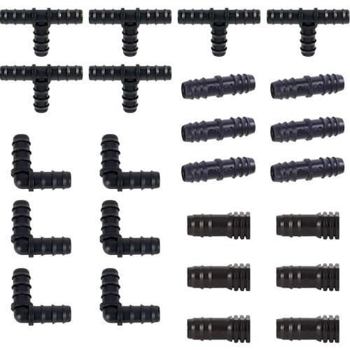 Irrigation Fittings Kit for Drip Tubing -6 Tees, 6 Couplings, 6 Ends, 6 Elbows - 16mm Compatible Drip Sprinkler Systems