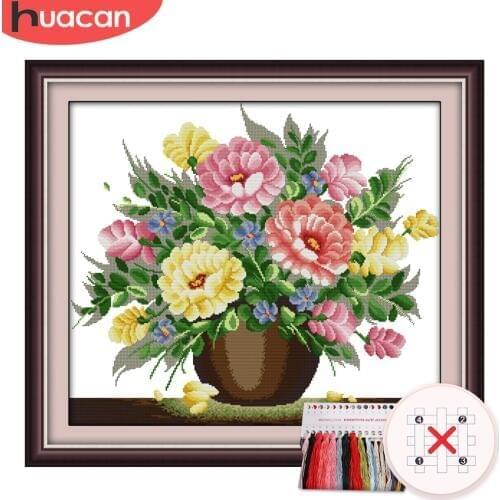 HUACAN DIY Embroidery Flower Sets Gift Cross Stitch Flower Kits White Canvas Home Decoration Needlework 11CT 14CT