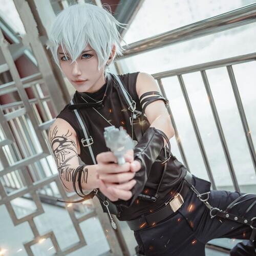 Hot game Love and producer Mr Love: Queens Choice Cosplay Costume Zhou QiLuo Kilo Black Sleeveless Rock Punk Suit Full Set