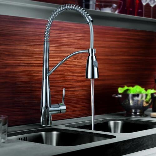 Kitchen Faucet Polish Chrome Finish Hot and Cold Water Spring Pull Out Style 360 Degree Rotating Single Lever Copper Tap Mixers