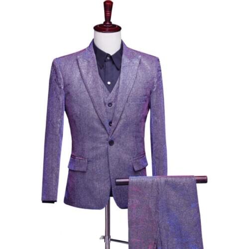 Singer men suit set with pants mens suits Color-changing bright silk stage slim fashion formal dress mens groom suit vest