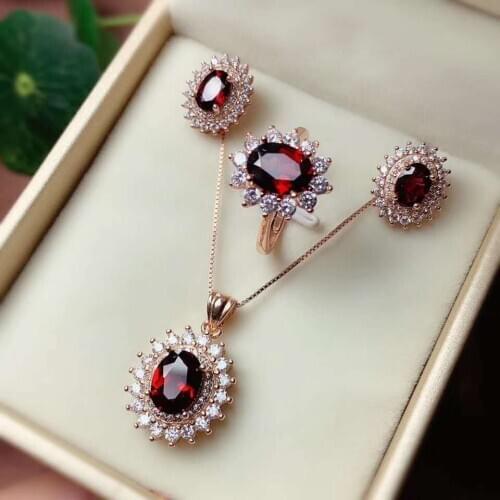 Real Natural Garnet jewelry set Natural Real Garnet 925 sterling silver 1pc pendant,1pc ring,2pcs Earring
