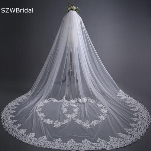 New Arrival Ivory Cathedral Wedding Veils Long Lace Appliques 3 Meter Welon katedralny Cheap Bridal Veil Matrimonio
