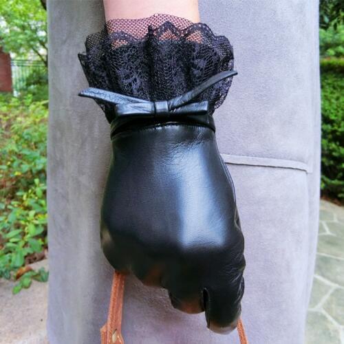 New Real Leather Gloves Female Winter Plus Velvet Warm Cute Fashion Lace Thin Sheepskin Gloves Touchscreen EL072