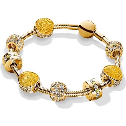 NEW 100% 925 Sterling Silver Brand New 18 GOLD Color Bracelet Glitter Charm Sunlight Sunshine Bracelet Set For DIY Gifts