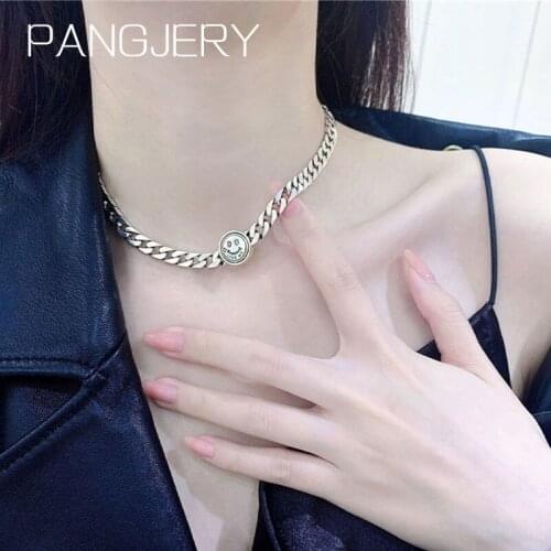 PANGJERY 925 Sterling Silver Thick Chain Necklaces for Women INS Fashion Simple Vintage Smiley Face Wedding Fine Jewelry Gifts
