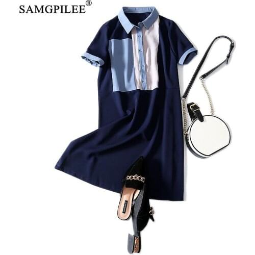 Polo Dresses Women Summer Casual Dresses 2020 A-line Patchwork Short Sleeve Knee-length Empire Plus Size Dress For Women 4xl